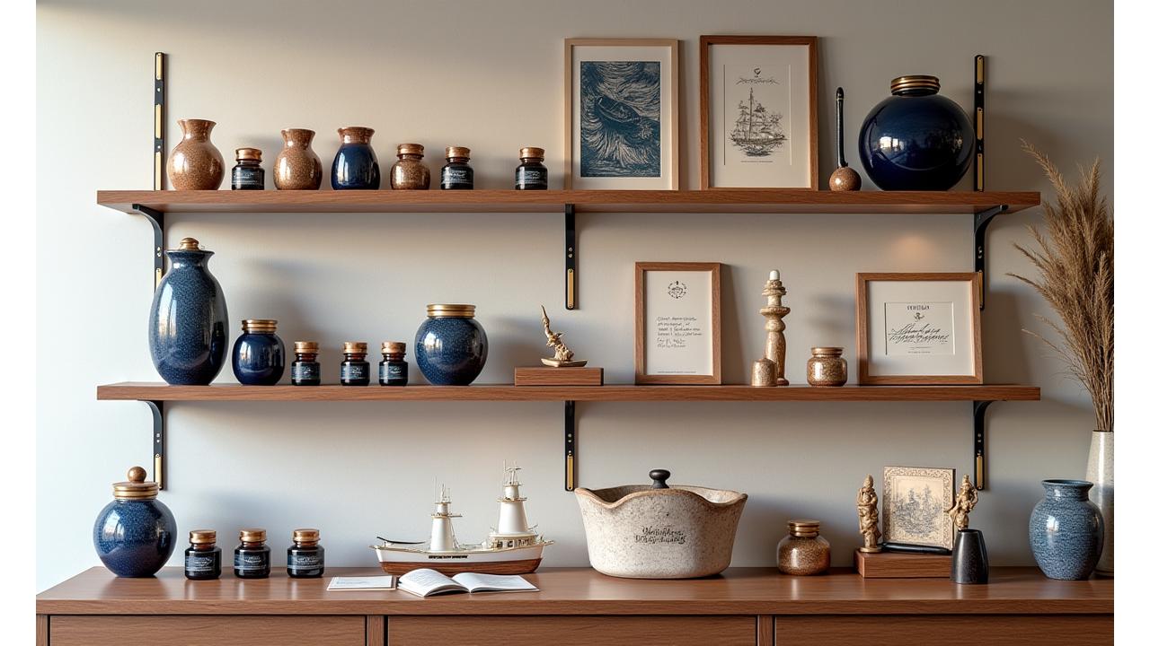 A beautifully curated retail display of Inkwell Angler's pens, inks, and papers, with a maritime aesthetic.