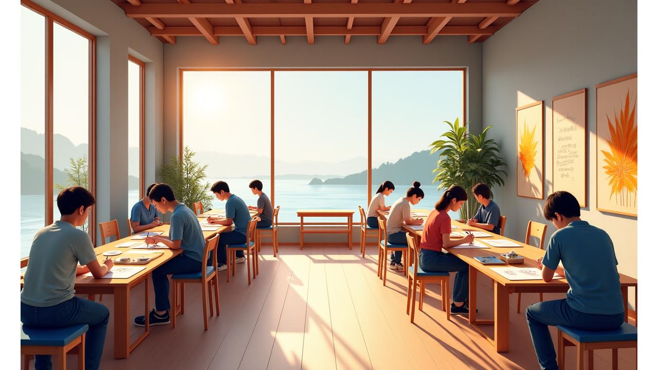 Interior view of Inkwell Angler's workshop space, filled with natural light, sturdy wooden tables, and students engaged in calligraphy.