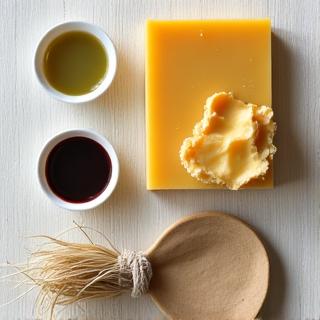 Hands arranging ethically sourced materials like beeswax, natural dyes, and recycled paper, symbolizing sustainable practices.