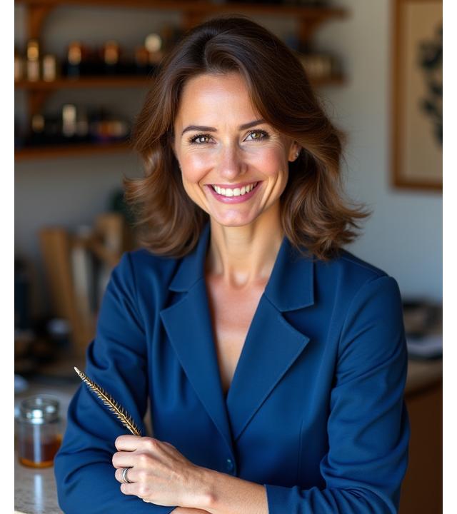 A warm, smiling portrait of Anastasia Petrov, a calligrapher with an elegant, inviting demeanor, holding a beautifully designed quill pen.