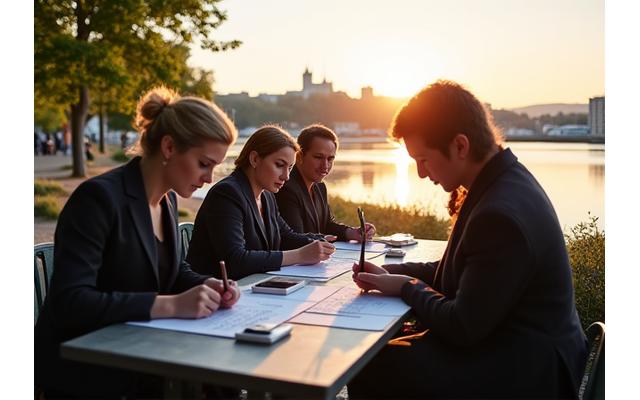 A calligraphy workshop taking place outdoors by the Halifax waterfront, with participants enjoying the scenic view while creating art.