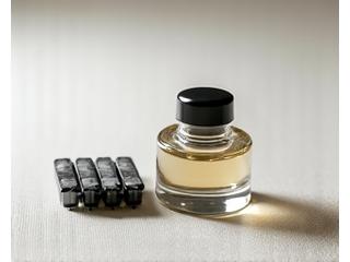 A reusable glass ink bottle next to a set of small refillable ink cartridges, emphasizing longevity and waste reduction.