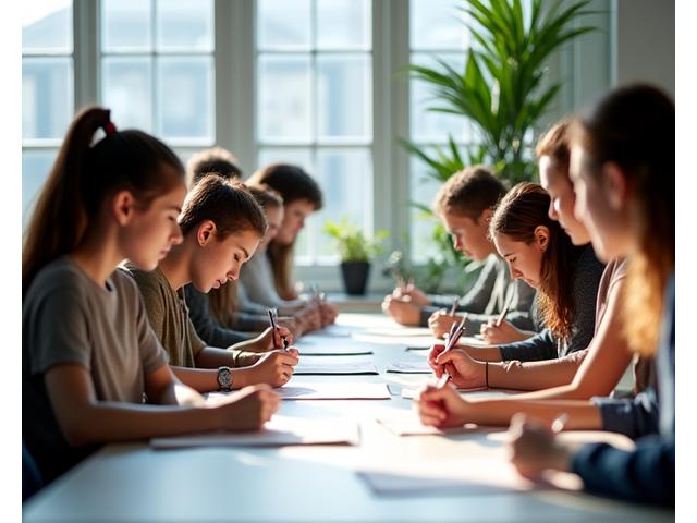 A diverse group of students learning calligraphy in a brightly lit workshop