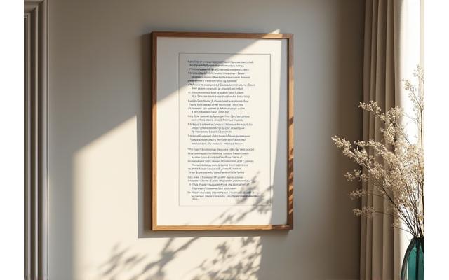 Elegantly framed calligraphed poem hanging on a subtly textured wall, illuminated by soft natural light