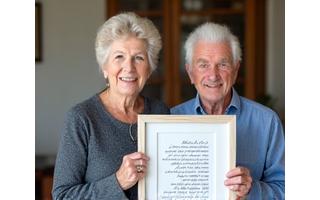 A beaming elderly couple, Eleanor and David Vance, proudly displaying their framed calligraphed wedding vows in their living room