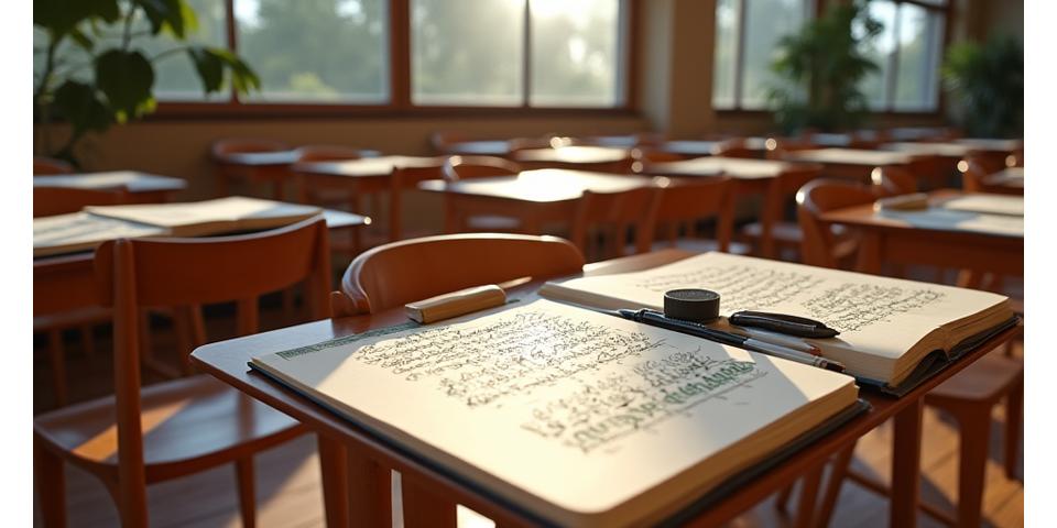 A serene classroom setting with individual calligraphy stations, each featuring an open workbook, inkwell, and neatly arranged pens, implying an organized and inspiring learning environment.